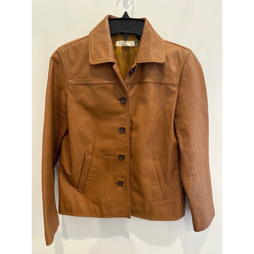 Vintage J.Crew Womens XS Petite Leather Jacket Tan Cognac Classic Button Front